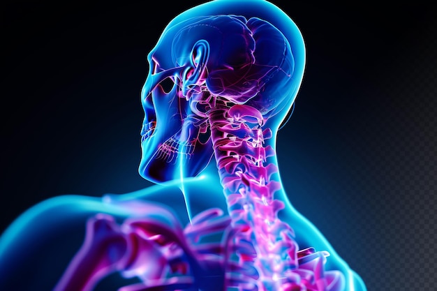 Dor no pescoço dor na coluna cervical esqueleto da coluna vertebral raio-x conceito médico fundo azul preto