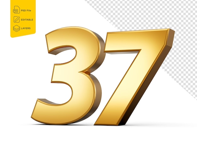 Dorado metálico Número 37 Treinta y siete Fondo blanco Ilustración 3d
