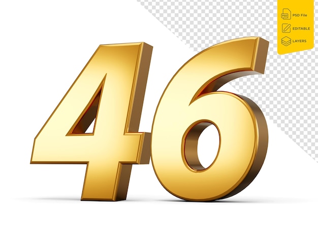 Dorado metálico Número 46 Cuarenta y seis Fondo blanco Ilustración 3d