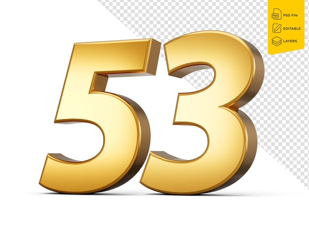 Dorado metálico Número 53 Cincuenta y tres Fondo blanco Ilustración 3d