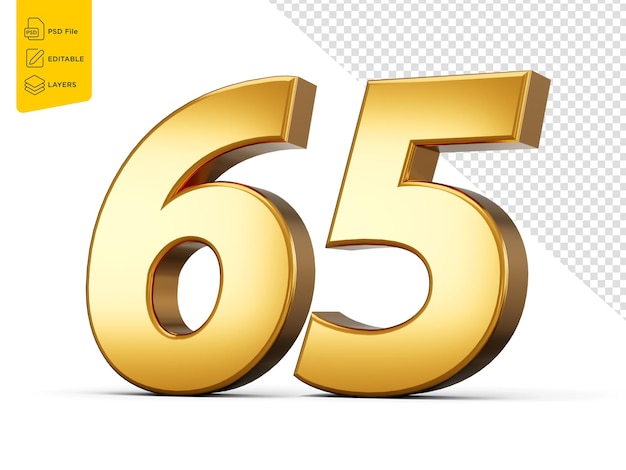 Dorado metálico Número 65 Sesenta y cinco Fondo blanco Ilustración 3d