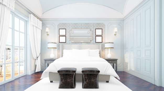 dormitorio doble elegante y realista con muebles y grandes ventanales