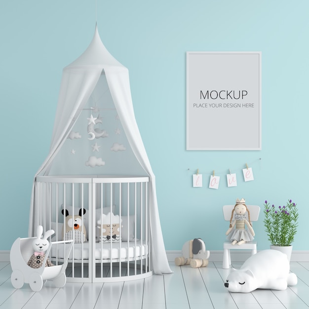 Dormitorio infantil azul con maqueta de marco