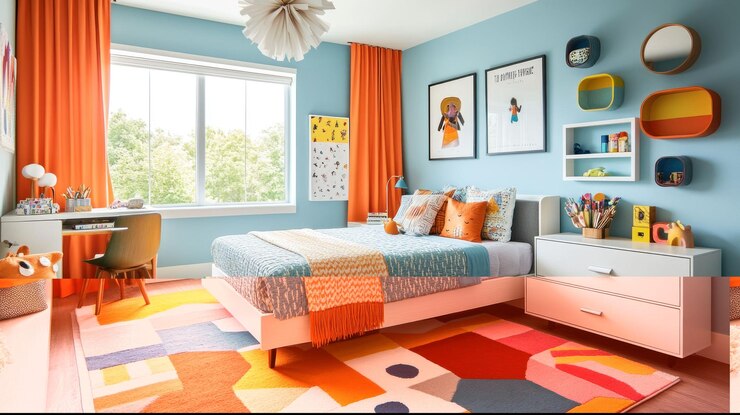 PSD un dormitorio infantil de colores brillantes con acentos naranjas y azules, alfombra geométrica y muebles modernos.