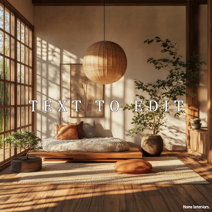 PSD dormitorio japonés minimalista iluminado por el sol con plantas de cama de plataforma y luz colgante