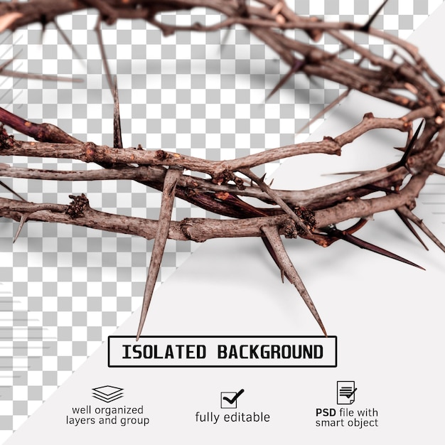 Dornenkrone PSD auf isolierter Hintergrund stellt die Kreuzigung Jesu am Kreuz dar