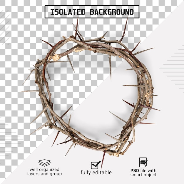 Dornenkrone PSD auf isolierter Hintergrund stellt die Kreuzigung Jesu am Kreuz dar