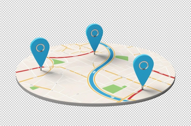 Dos alfileres de ubicación están conectados por un camino ondulado a través de las colinas