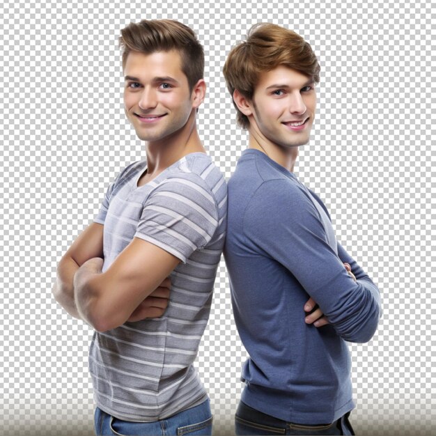 Dos amigos de espaldas con expresiones de confianza