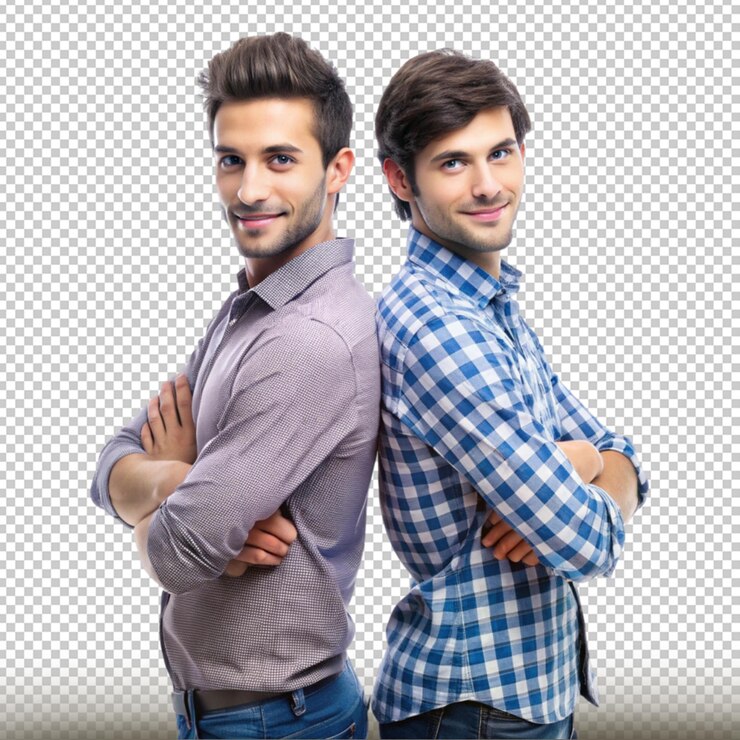 PSD dos amigos de espaldas con expresiones de confianza