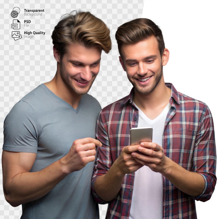 PSD dos amigos miran el teléfono inteligente juntos