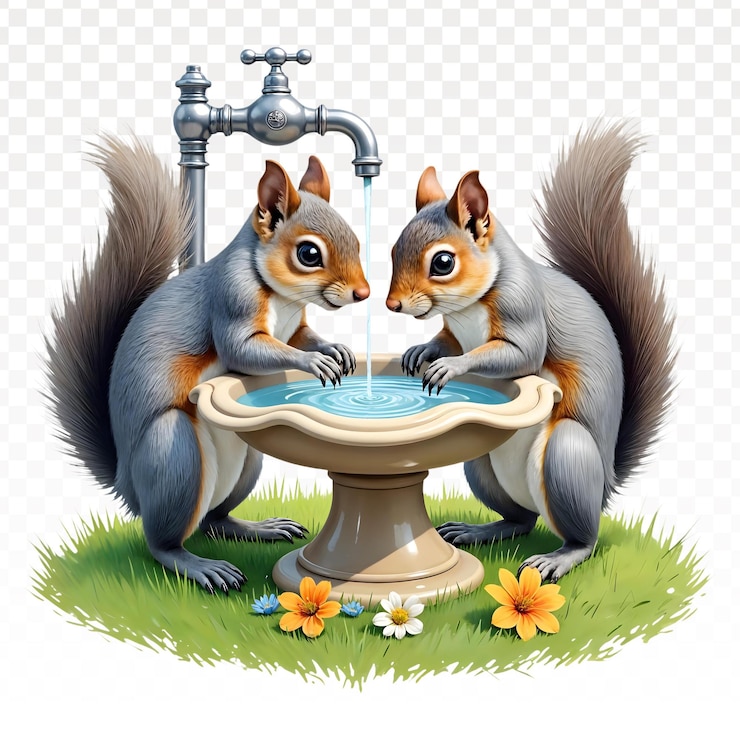 PSD dos ardillas están bebiendo de una fuente y del grifo de agua corriente