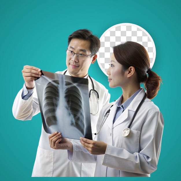 PSD dos atractivos médicos jóvenes mirando los resultados de las radiografías.