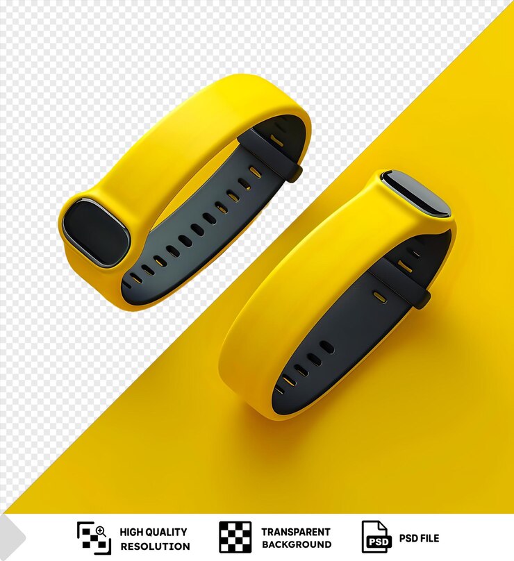 PSD dos bandas amarillas de relojes inteligentes con correas negras colocadas en un fondo amarillo con fondo transparente