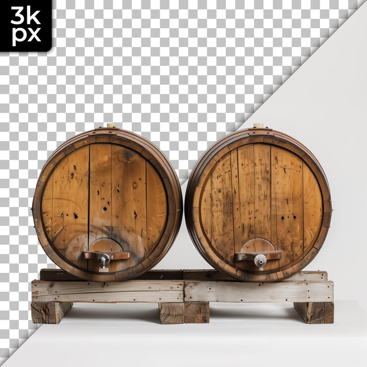 PSD dos barriles de vino de madera sobre un fondo transparente