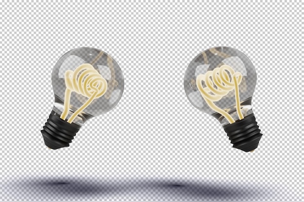 Dos bombillas 3D con espirales amarillas simbolizan la creatividad y la visualización de la innovación