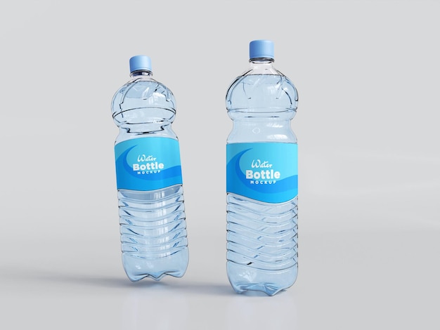 Dos botellas de agua con etiquetas azules que dicen "botella".