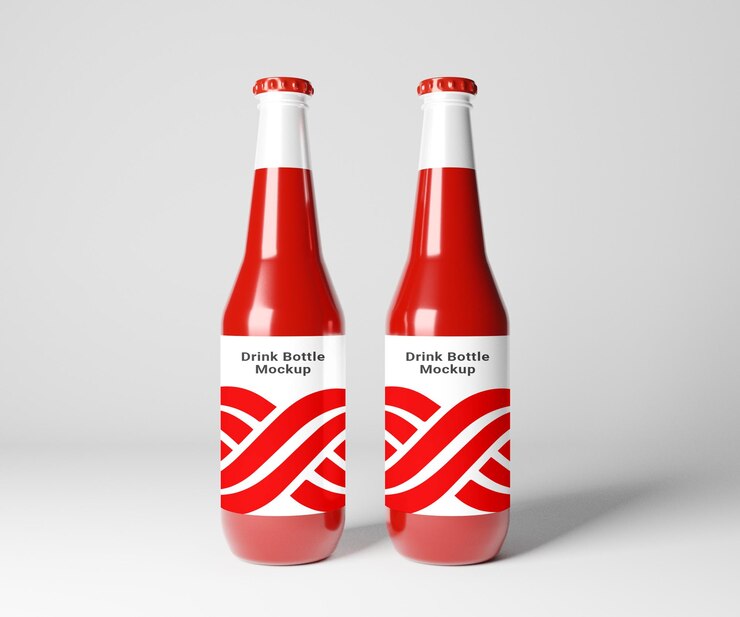 PSD dos botellas de bebida rojas en una superficie blanca