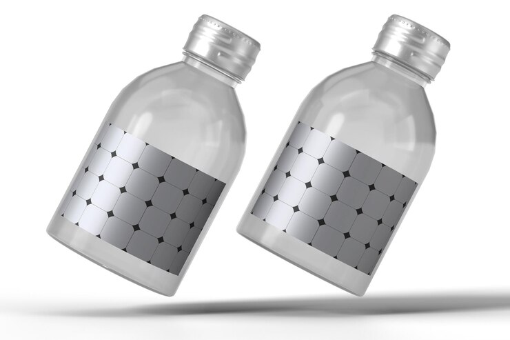dos botellas de líquido transparente se muestran con una banda de plata alrededor de la parte inferior