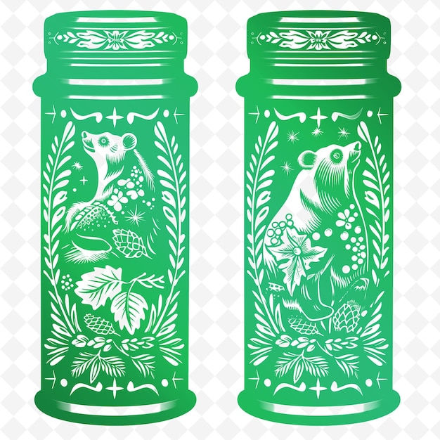 dos botellas verdes con pájaros en ellas una con un pez en la otra