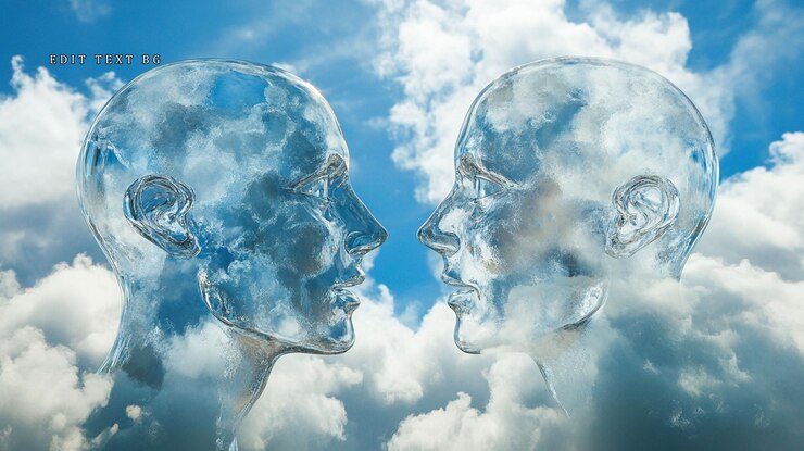 PSD dos cabezas transparentes mirándose una a la otra llenas de nubes contra un cielo azul
