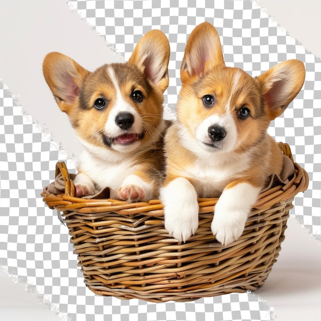 PSD dos cachorros en una canasta con uno con un fondo marrón y blanco