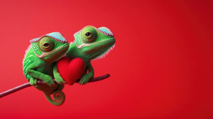 PSD dos camaleones verdes lindos sosteniendo un corazón rojo en una rama contra un fondo rojo