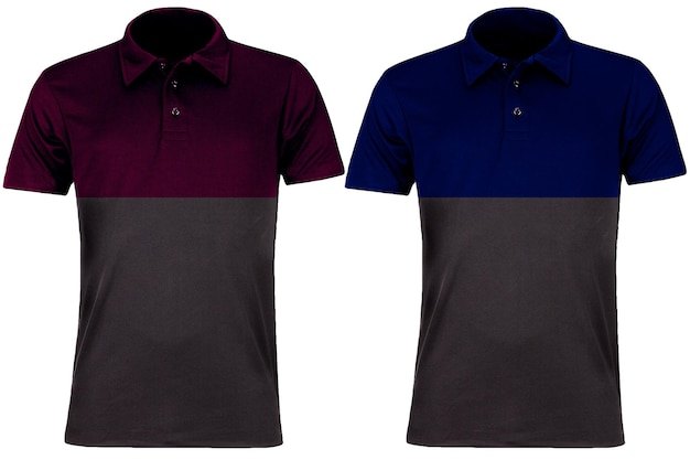 dos camisas con una franja púrpura y azul y un cuello rojo y azul