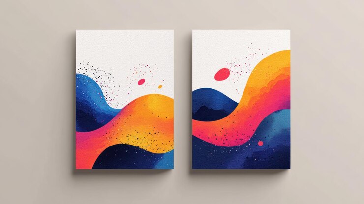PSD dos carteles abstractos con coloridas formas onduladas de gradientes azul naranja y rojo con puntos negros sobre un fondo blanco