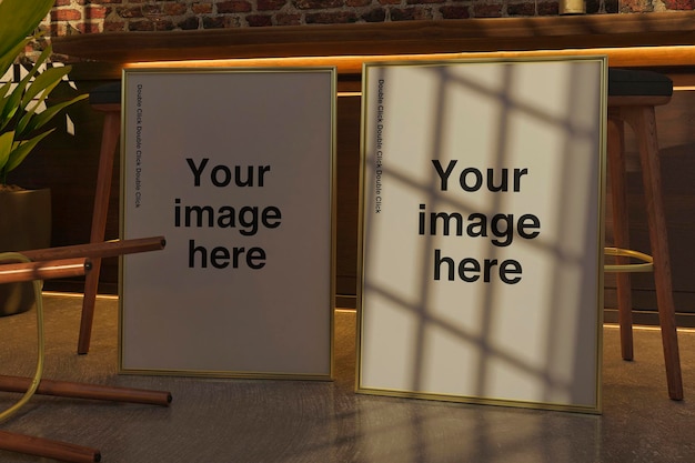 Dos carteles para una tienda de fotografía con una ventana al fondo.