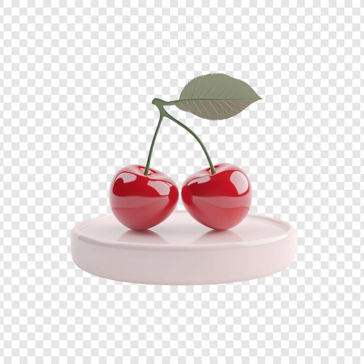 PSD dos cerezas rojas brillantes en un pedestal rosa producto simple disparado fondo limpio