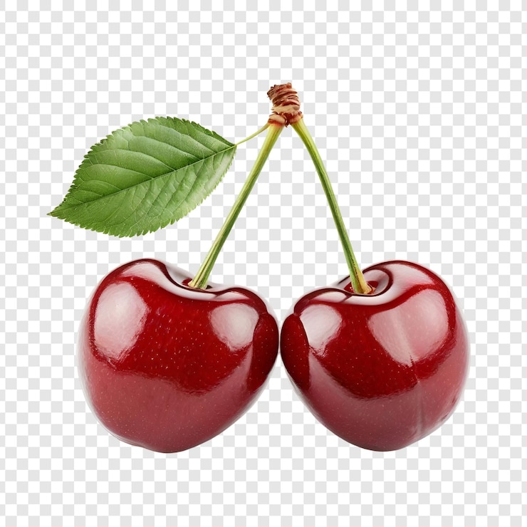 PSD dos cerezas rojas con tallo y hojas frutas frescas y jugosas aisladas en transparente