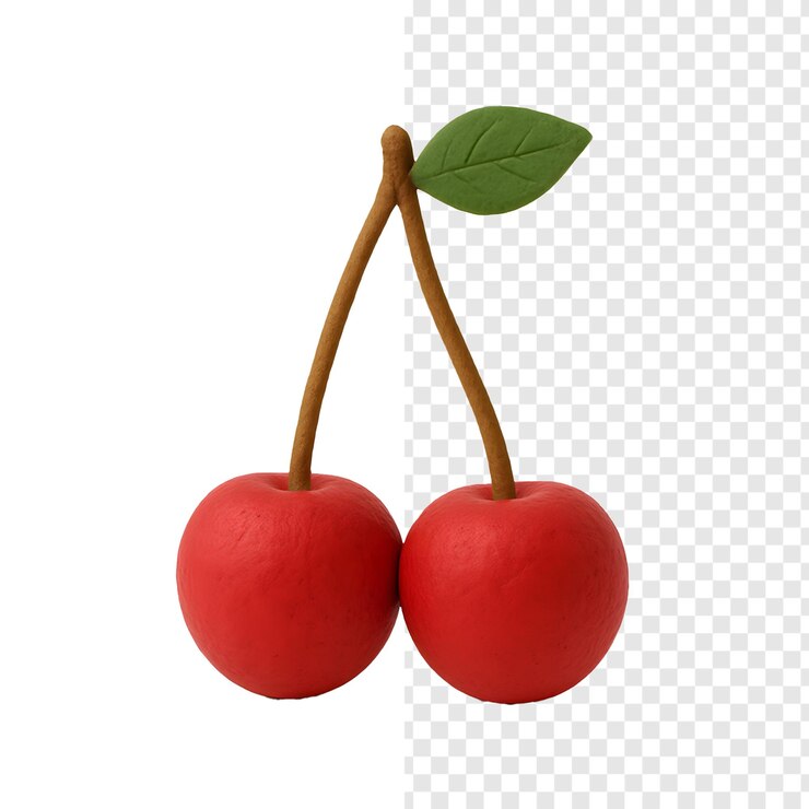 Dos cerezas rojas con tallos y una hoja aisladas con fondo transparente estilo arcilla 3D Render