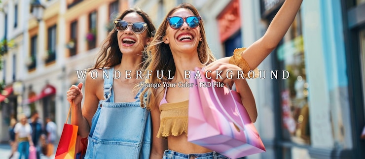 PSD dos chicas felices haciendo compras en la ciudad