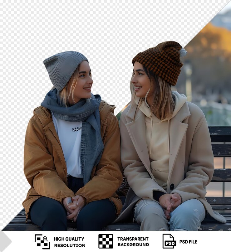 PSD dos chicas hablando sentadas en un banco de la ciudad una con una camisa blanca y pantalones vaqueros azules la otra con un sombrero marrón y una bufanda gris con una mano desnuda visible en primer plano png
