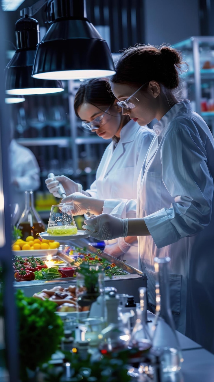 PSD dos científicas con abrigos de laboratorio realizan investigaciones sobre verduras en un laboratorio