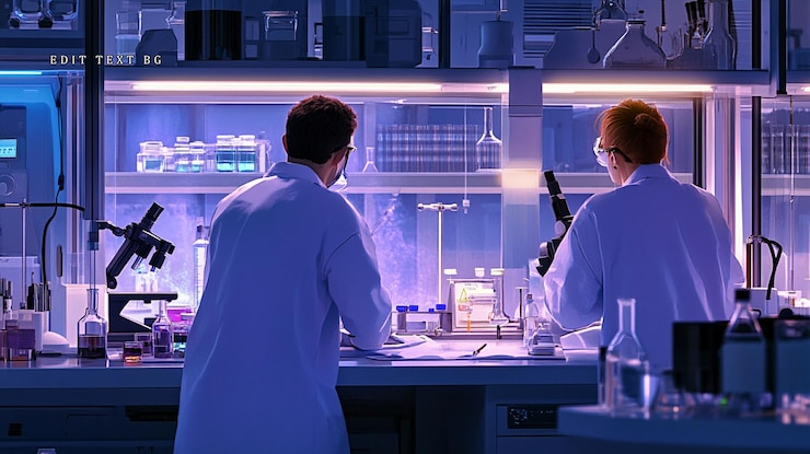 PSD dos científicos con abrigos de laboratorio llevan a cabo investigaciones en un laboratorio moderno examinando muestras y utilizando equipos de laboratorio