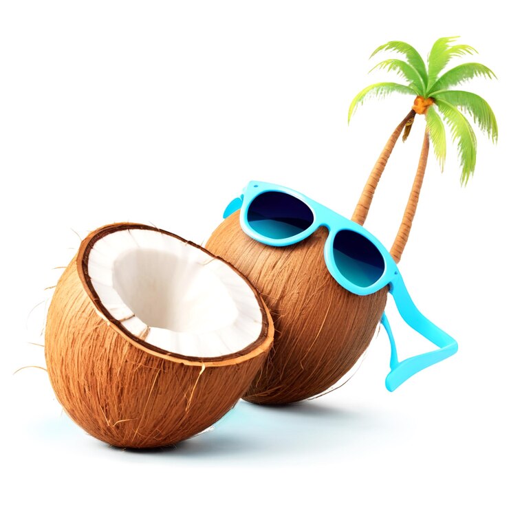 PSD dos cocos se colocan al lado de un coco que tiene palmeras en él