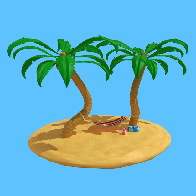 PSD dos cocoteros en la playa con una hamaca colgante