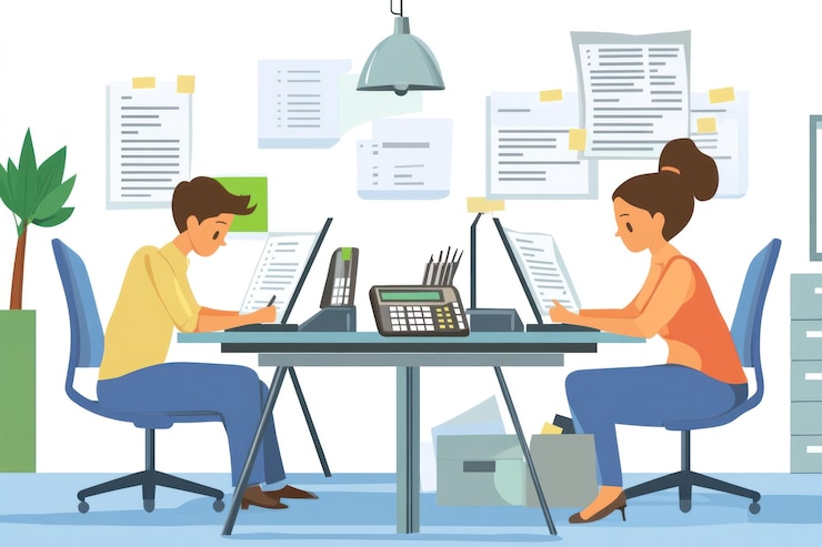 PSD dos colegas trabajando juntos en un escritorio compartido en una oficina moderna