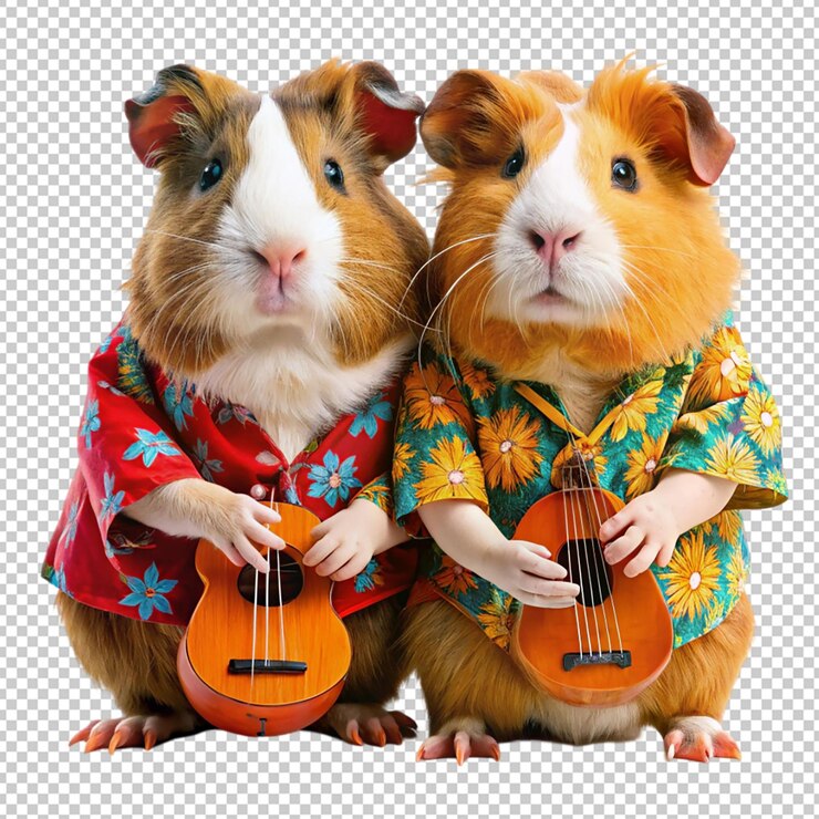 PSD dos conejillos de guinea con pelaje naranja que llevan una camiseta colorida sosteniendo una guitarra aislada de fondo transparente