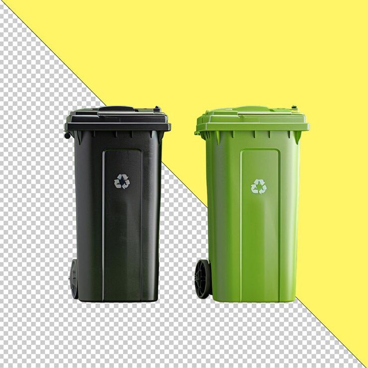 PSD dos contenedores de basura con un logotipo reciclable en ellos