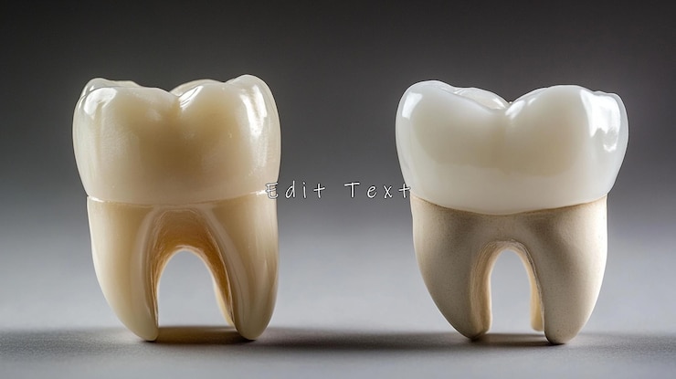 PSD dos coronas dentales una de color beige claro una blanca una al lado de la otra