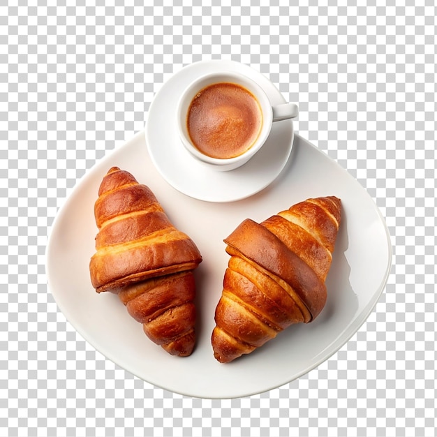 PSD dos croissants y una taza de café aislados sobre un fondo transparente