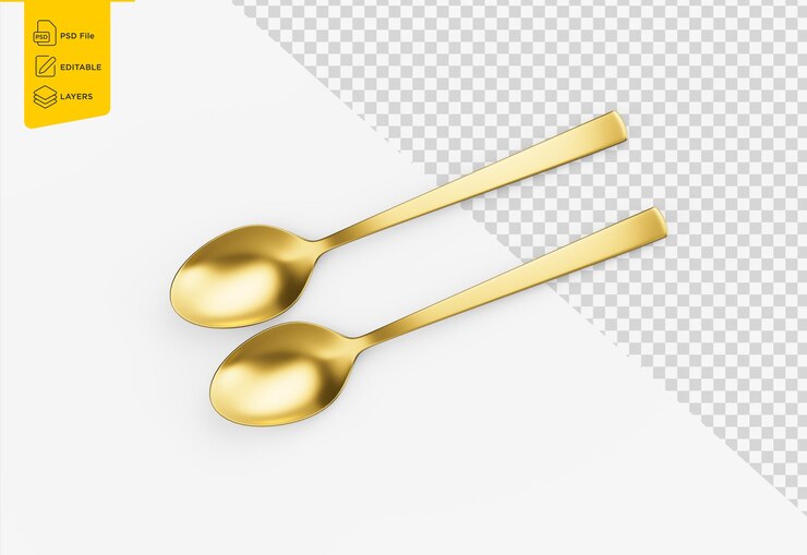 PSD dos cucharas de oro con curvas lisas y mango recto perfectas para comer ilustración 3d