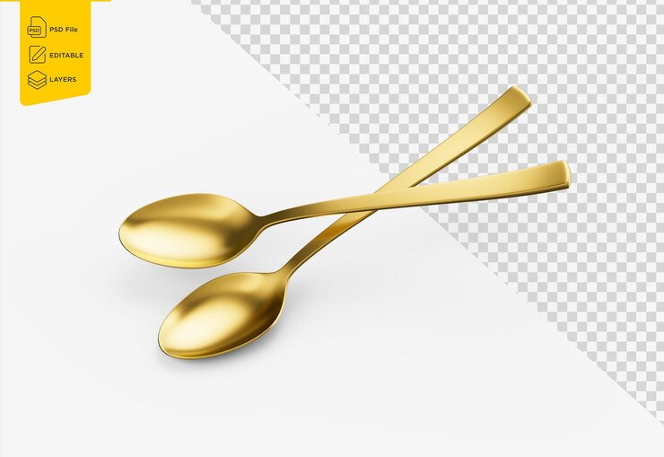 PSD dos cucharas de oro con un mango delgado y un cuenco ovalado elegantemente cruzados3d ilustración