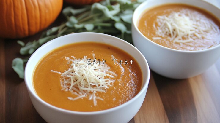 PSD dos cuencos de sopa de calabaza cremosa con queso parmesano adornado con hierbas y calabazas en el fondo