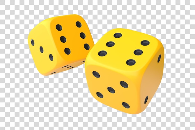 Dos dados de juego rodantes amarillos en vuelo sobre un fondo blanco Dados afortunados Juegos de mesa 3D render