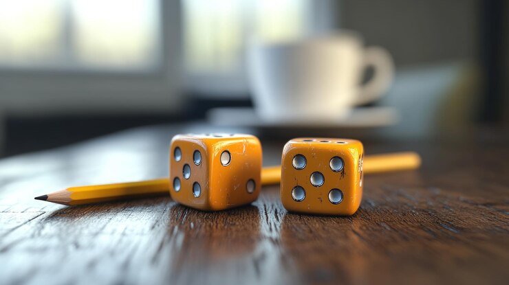PSD dos dados un lápiz y una taza de café en una mesa de madera