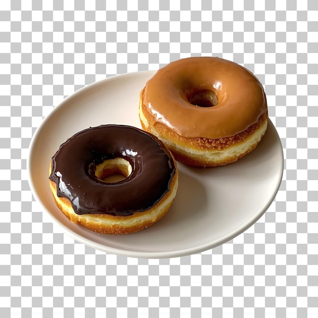 Dos deliciosas rosquillas esmaltadas en un plato blanco